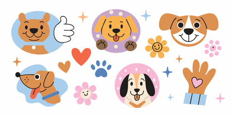 Cute cartoon dogs and flowers with hearts and paws