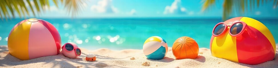 Obraz premium A vibrant summer scene featuring bright, colorful beach balls, inflatable toys, and sunglasses on a sunny beach, evoking carefree summer fun and games , toys, carefree