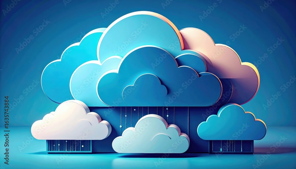 Poster abstract representation of cloud computing with layered blue clouds emitting digital rain on a gradi