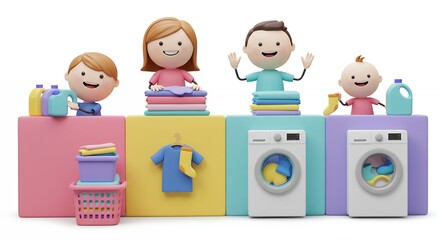Cartoon family doing laundry