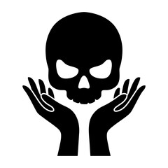 Logo con silueta de calavera humana y manos para tarjetas y felicitaciones de Halloween 