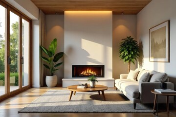 A cozy and inviting living room interior with warm lighting, featuring comfortable furniture and stylish decor Perfect for home design, interior design, and real estate websites , modern, vintage