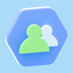 Two user icons in green and white placed inside a blue hexagonal shape on a light blue background, symbolizing community, group connection, or user management in a modern 3D interface style.