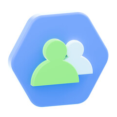 Two simplified user icons in green and white placed inside a blue hexagon on a transparent background, representing connection, social interaction, or user profile in a digital interface.