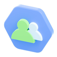 Two 3D user icons in green and white positioned inside a blue hexagonal frame with a transparent background, indicating teamwork, user interface, or group membership.