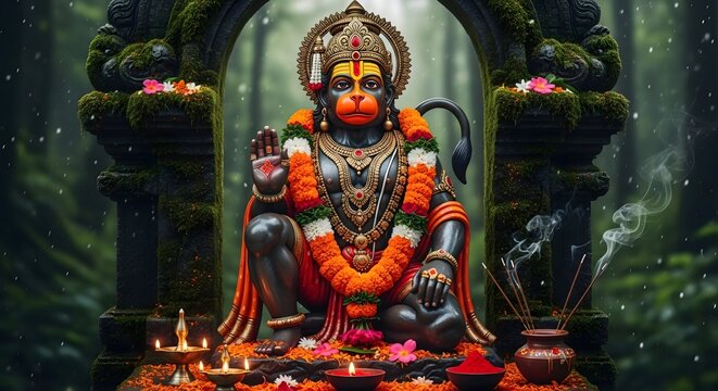 Hanuman hindu god statue in forest temple with flowers and candles for religious worship