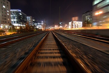 Fototapeta premium Night urban train tracks featuring dynamic motion blur 