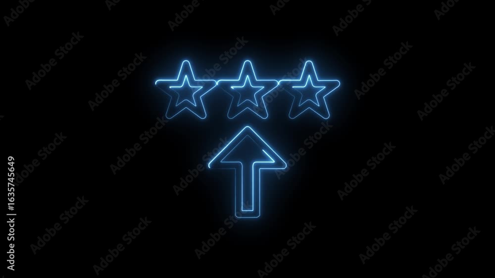 Poster glowing blue neon three star rating icon with upward arrow animation on transparent background repre