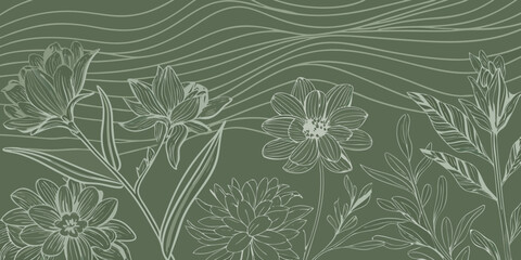 Elegant floral line art with wavy background in muted green tones