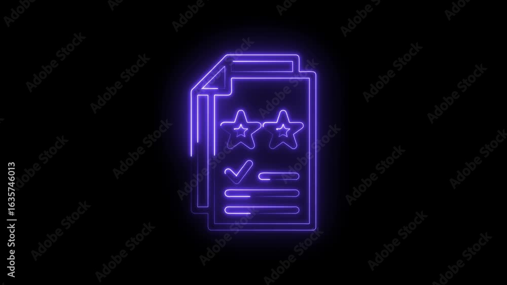 Poster glowing neon purple checklist icon with stars and checkmark on black background representing rating 