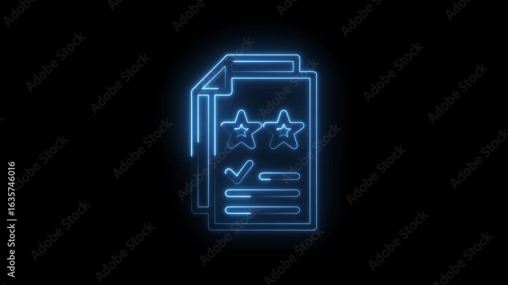 Poster glowing blue neon document icon with stars and checkmark on black background representing rating rev