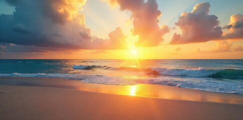 Fototapeta premium Vast, endless horizon of a tranquil beach at sunset Golden light paints the sky and sea, creating a serene and peaceful atmosphere Perfect for travel, vacation, or nature themes , peaceful, tranquil