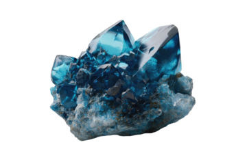 Close-up of a cluster of vibrant blue crystals.  Sharp,faceted crystals radiate outward from a dark-toned base.  Deep blue hues dominate, contrasted by a muted gray-blue matrix