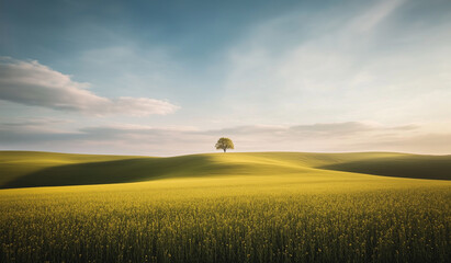 Golden field with a solitary tree at sunset under a clear sky