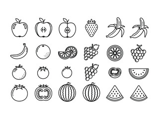 Iconic Fruit Ensemble: A visually compelling graphic illustration showcasing a curated selection of iconic fruit, each rendered in a clean, minimalist line art style.