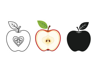 Trio of Apples: A visually appealing triptych showcases the versatile apple, featuring an outline, a cross-section, and a solid silhouette, embodying freshness and health.
