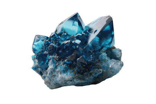 Close-up of a cluster of vibrant blue crystals.  Sharp,faceted crystals radiate outward from a dark-toned base.  Deep blue hues dominate, contrasted by a muted gray-blue matrix