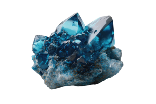 Close-up of a cluster of vibrant blue crystals.  Sharp,faceted crystals radiate outward from a dark-toned base.  Deep blue hues dominate, contrasted by a muted gray-blue matrix