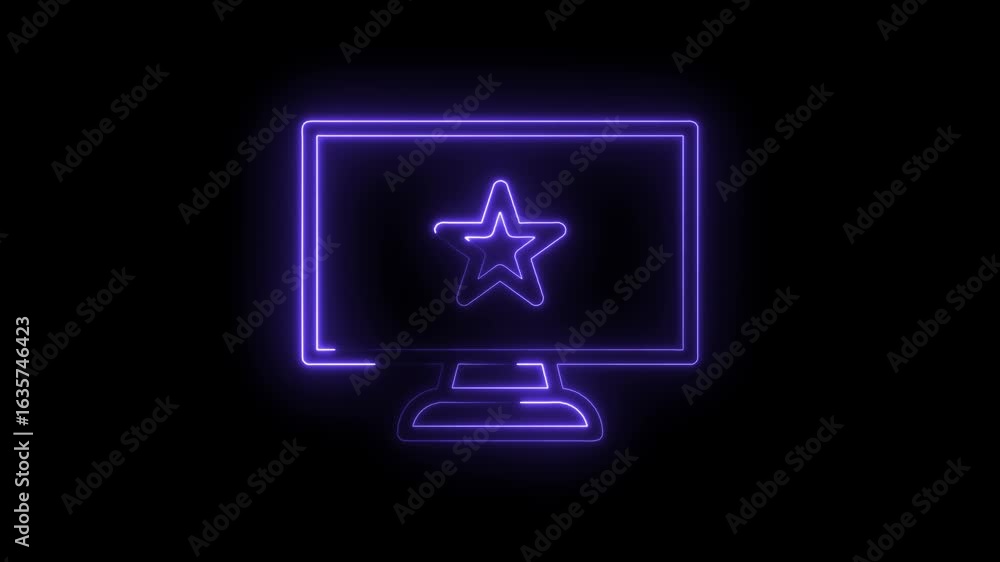 Poster glowing neon computer monitor icon with star symbol displayed on screen futuristic digital technolog