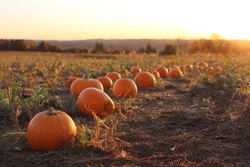 Bright pumpkins in orange field at sunset light  
