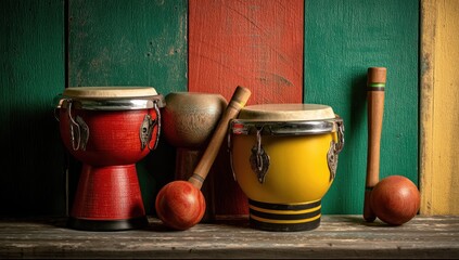 Colorful Brazilian drums and maracas on a wooden background with green, red, and yellow wood planks.