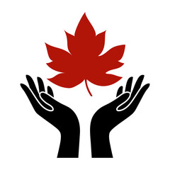 Logo otoño. Silueta de hoja de arce con manos con las palmas hacia arriba