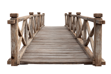 Wooden bridge, weathered planks, and sturdy railings.  Perspective is from the middle of the bridge, looking straight ahead.  Aged, light brown wood.  Simple, geometric designs on the railings