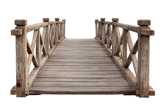 Wooden bridge, weathered planks, and sturdy railings.  Perspective is from the middle of the bridge, looking straight ahead.  Aged, light brown wood.  Simple, geometric designs on the railings - Powered by Adobe