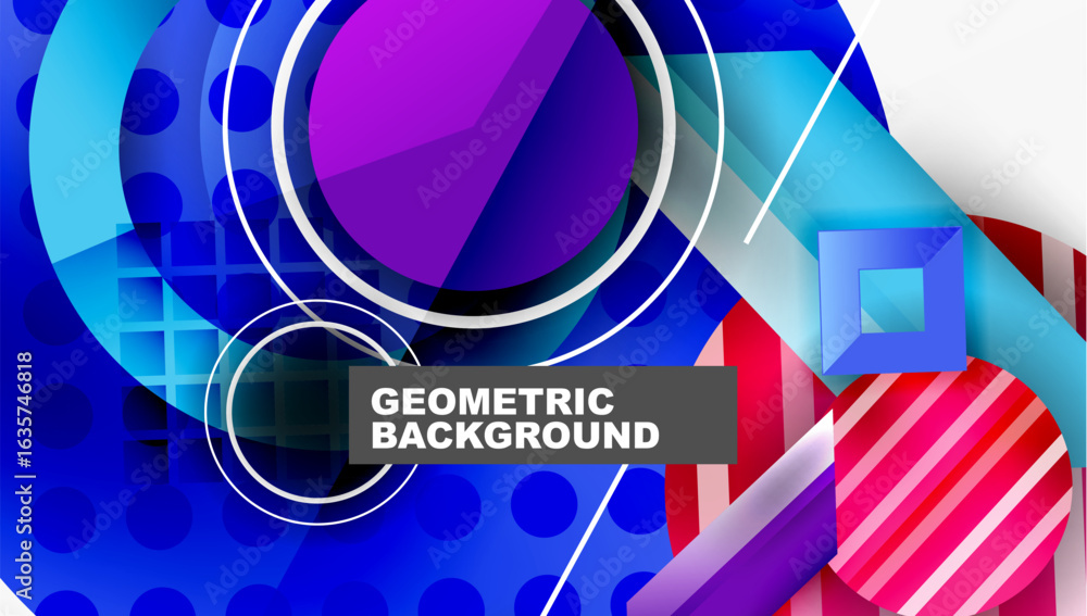 Poster abstract geometric composition. vivid colors, overlapping shapes create dynamic visual effect. moder