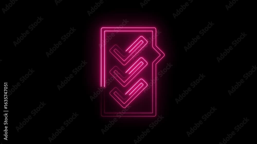 Poster glowing pink neon checklist icon with three checkmarks on a transparent black background symbolizing