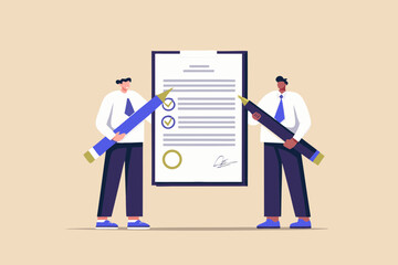 Two men with large pencils complete a checklist on a document