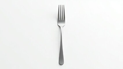 A metallic eating utensil, a fork, positioned on a plain white background.