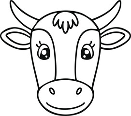 A simple, cartoon-style illustration of a cow's head, featuring horns and a smiling expression.