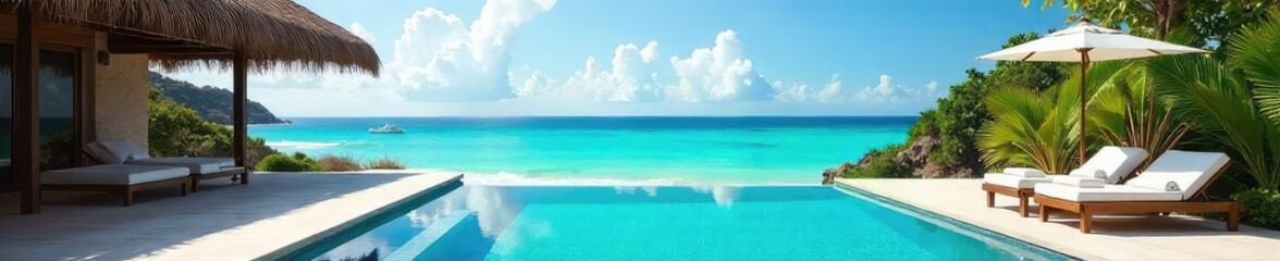 Obraz premium Opulent beachfront villa with private infinity pool overlooking turquoise ocean; perfect for a luxurious getaway , sun, luxury, stunning