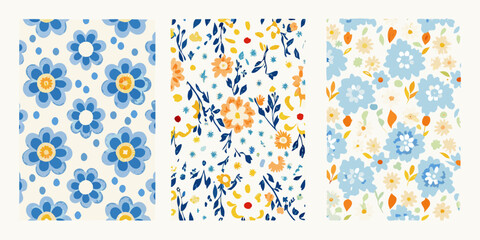 Three cheerful floral patterns with blue orange and yellow flowers