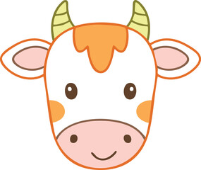 Cartoon illustration of a cow's head, featuring white fur, orange patches, and small horns.