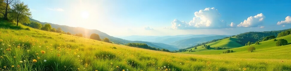 Obraz premium Serene landscape featuring a sun-drenched meadow, rolling hills, and a clear blue sky; perfect for nature, travel, and environmental projects , vibrant, nature, stunning
