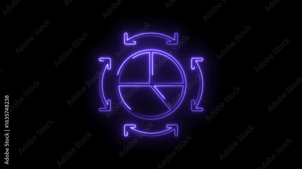 Poster glowing neon purple circular diagram with rotating arrows isolated on black background representing 