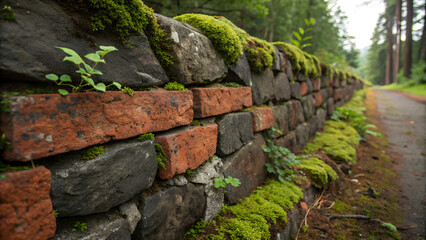 Mossy and Brick Stone Wall Along a Forest Path, old brick wall with moss