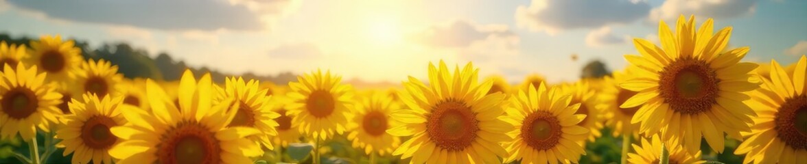 Obraz premium A vibrant field of sunflowers bathed in bright sunlight, radiating pure joy and positive energy Perfect for themes of happiness, optimism, and summer , energy, plants