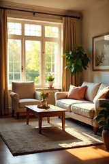 Cozy living room, sunlit, featuring comfortable furniture perfect for senior relaxation Warm, inviting atmosphere, ideal for assisted living or retirement home marketing , peace, interior