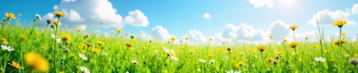 Lush green field with wildflowers in bloom under a bright summer sky  Perfect for environmental, nature, and spring themes  Stunning vibrant colors and textures ,  bloom,  biodiversity