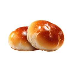Two round buns, light golden brown, slightly glossy, overlapping