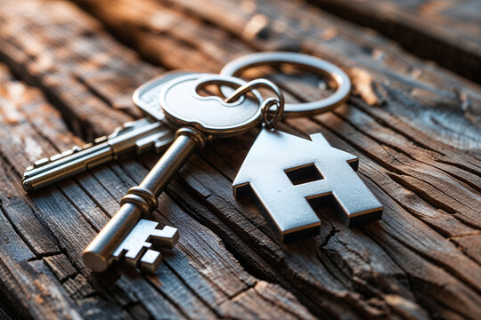 Silver house key and keyring on weathered wood metal