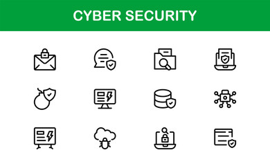 Cyber Security Icon Set in Minimal Vector Style Featuring Lock, Firewall, Encryption, Virus, and Privacy Symbols