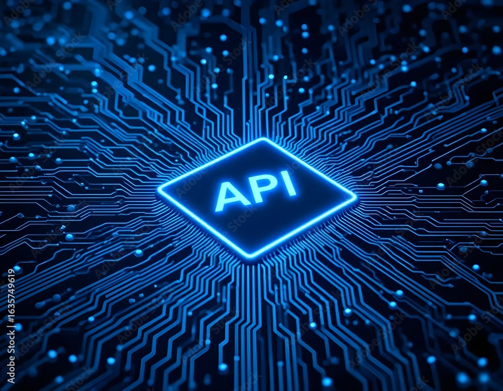 Poster a glowing blue api symbol on a dark circuit board with connected lines radiating outward from the ce