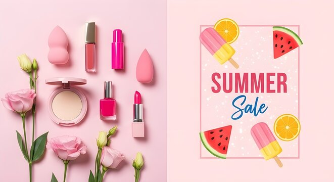 Summer Sale Beauty Products and Ice Cream on Pink Background | Cosmetics and Popsicle Illustration for Seasonal Retail Marketing and Promotion - Powered by Adobe