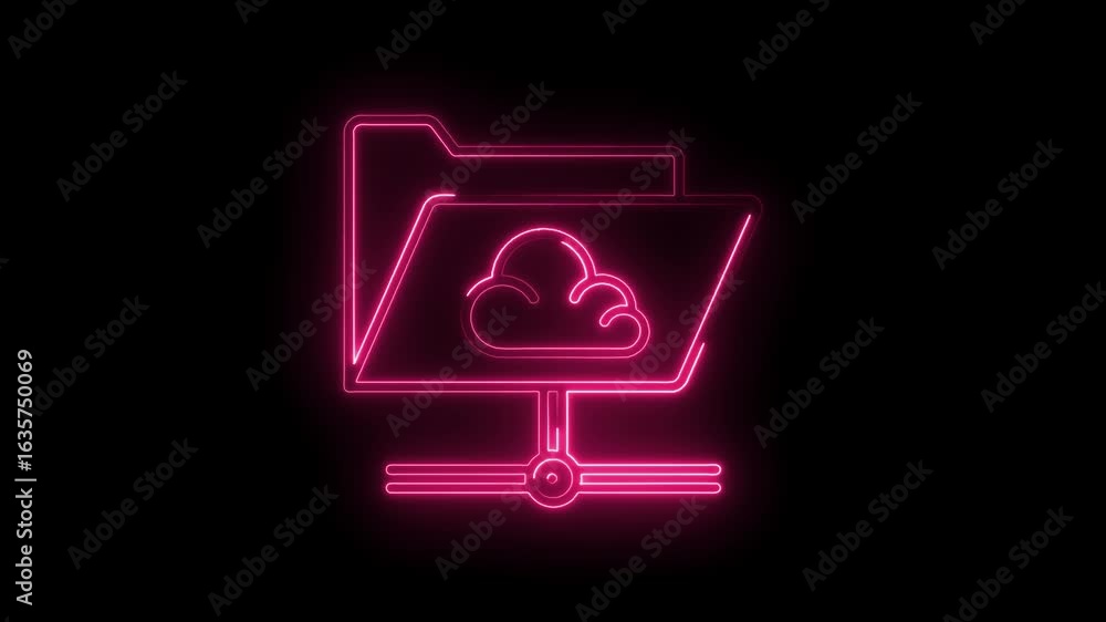 Poster glowing neon pink cloud folder icon with transparent background symbolizing cloud storage data trans
