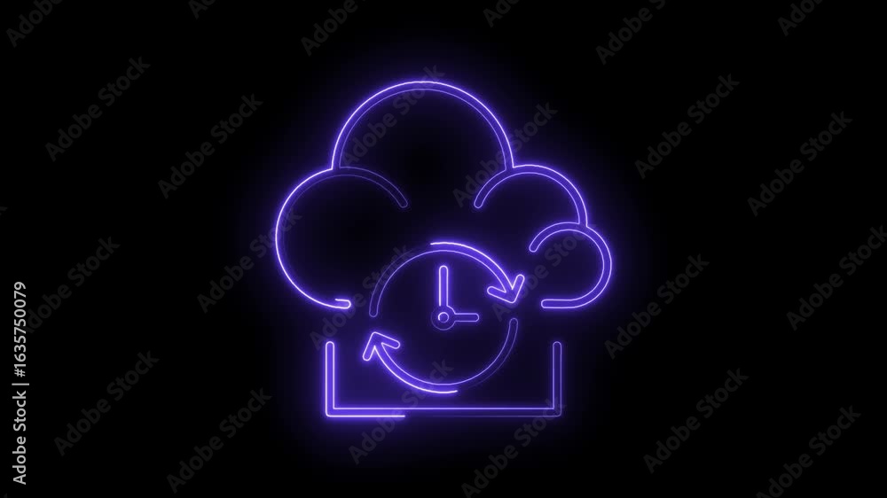 Poster glowing neon cloud icon with clock and refresh arrows symbolizing cloud computing data synchronizati
