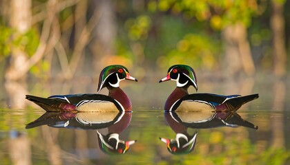 Two wood ducks facing each other in a still pond